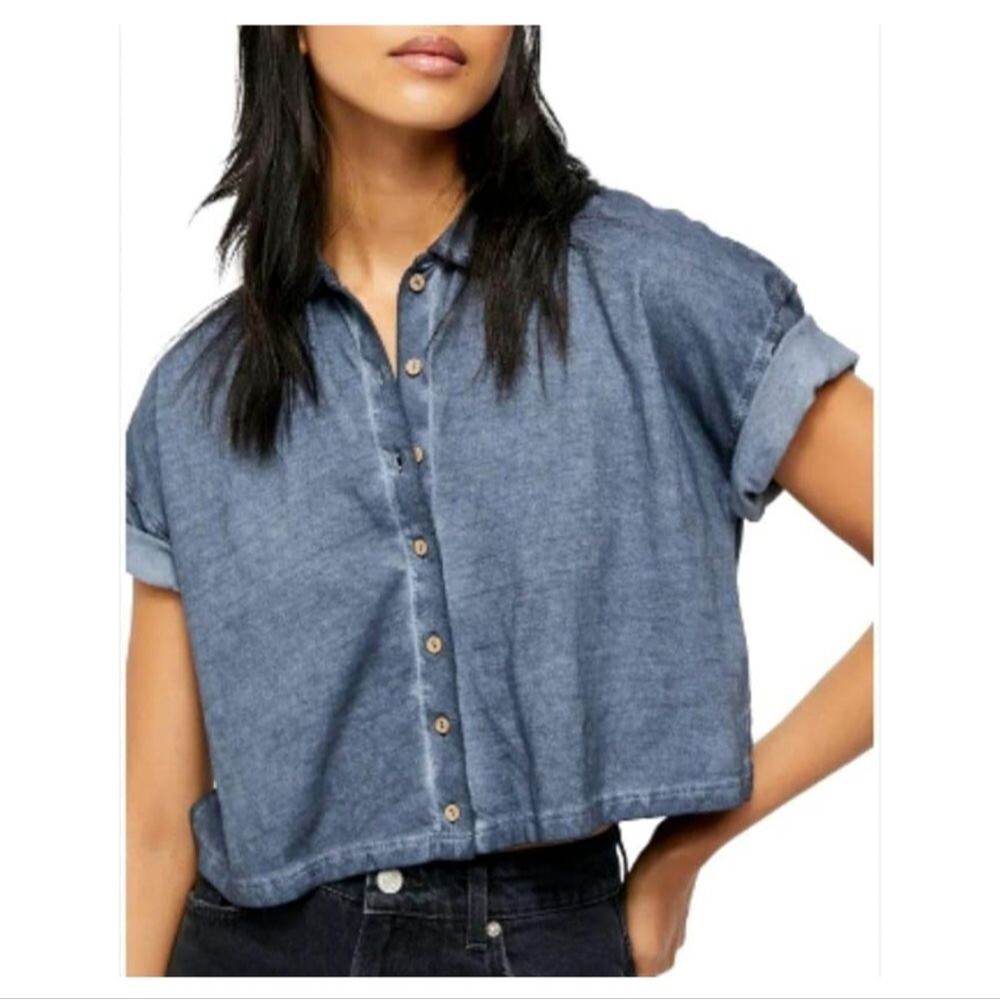 Free People Navy Short Sleeve Button Down